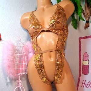 VICTORIA'S SECRET  Gold Sequin Lace Teddy V String Bodysuit Gold Brown NWT 2089